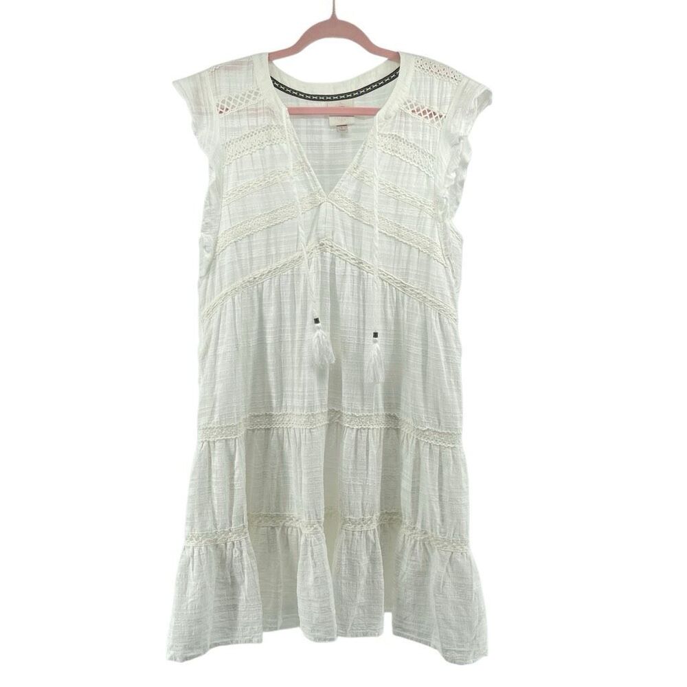 Knox Rose White Boho Lace Trim Tiered Short Dress Tassel Tie Size Large - Picture 2 of 14